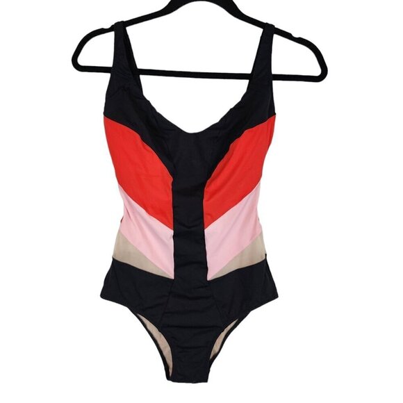 La Perla Underwire One Piece Swimsuit Red Pink Black Mesh Chevron Swimsuit 32C - Picture 2 of 14
